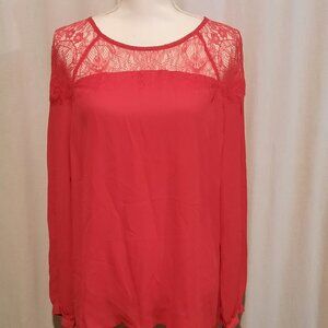 NWT APT. 9 Women's Size L Red Semi Sheer Blouse Top Long Sleeve Lace Neckline